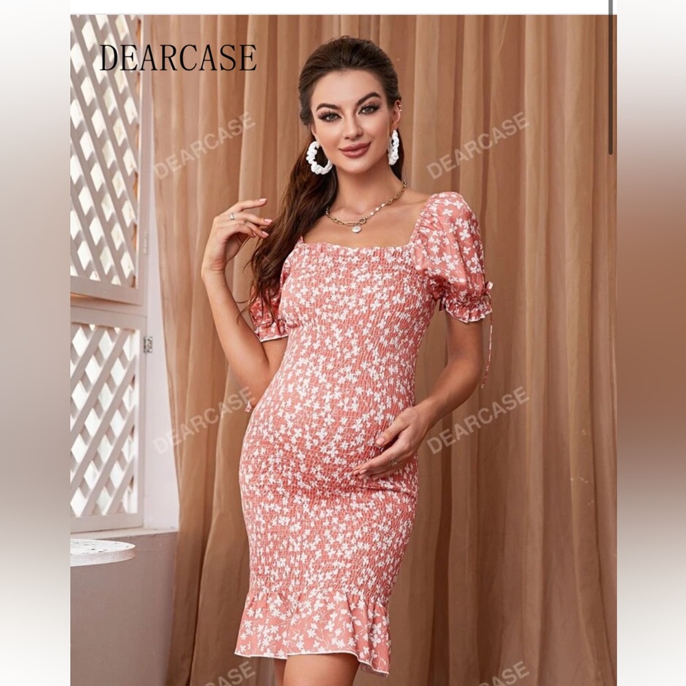 DEARCASE Maternity Floral Knot Puff Sleeve Ruffle Hem Bodycon Dress
